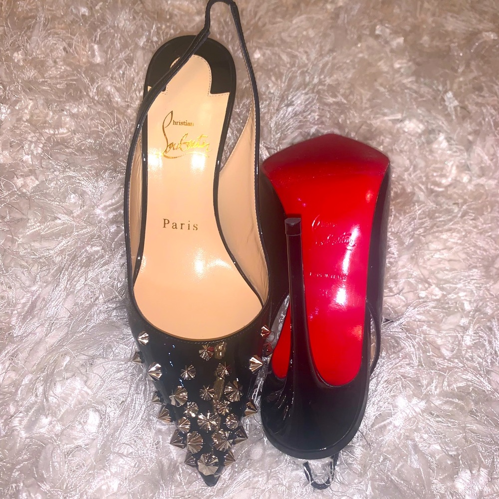 New Christian Louboutin - Drama Sling Black Heels Silver Spikes 100 red bottom